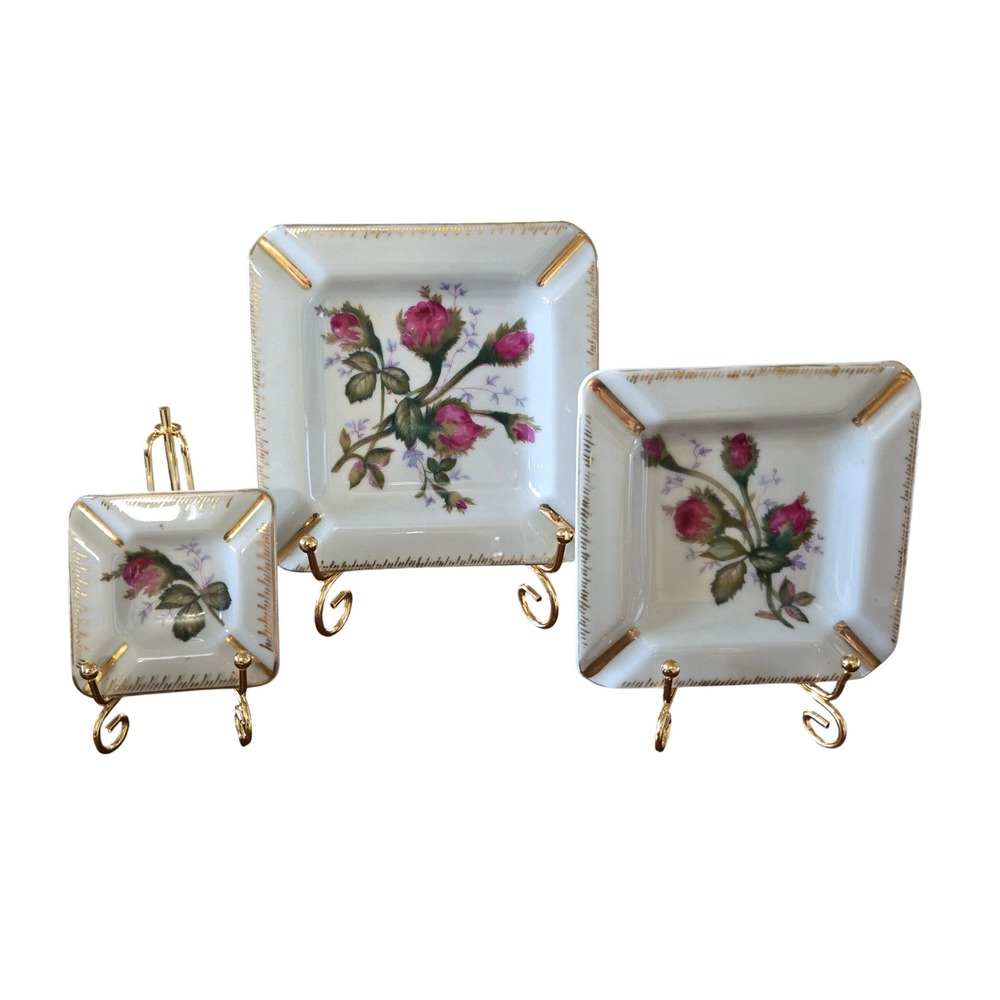 Vintage Porcelain Rosebud Ashtray Set Gold Trim Pink Floral Trinket Dishes 3pc